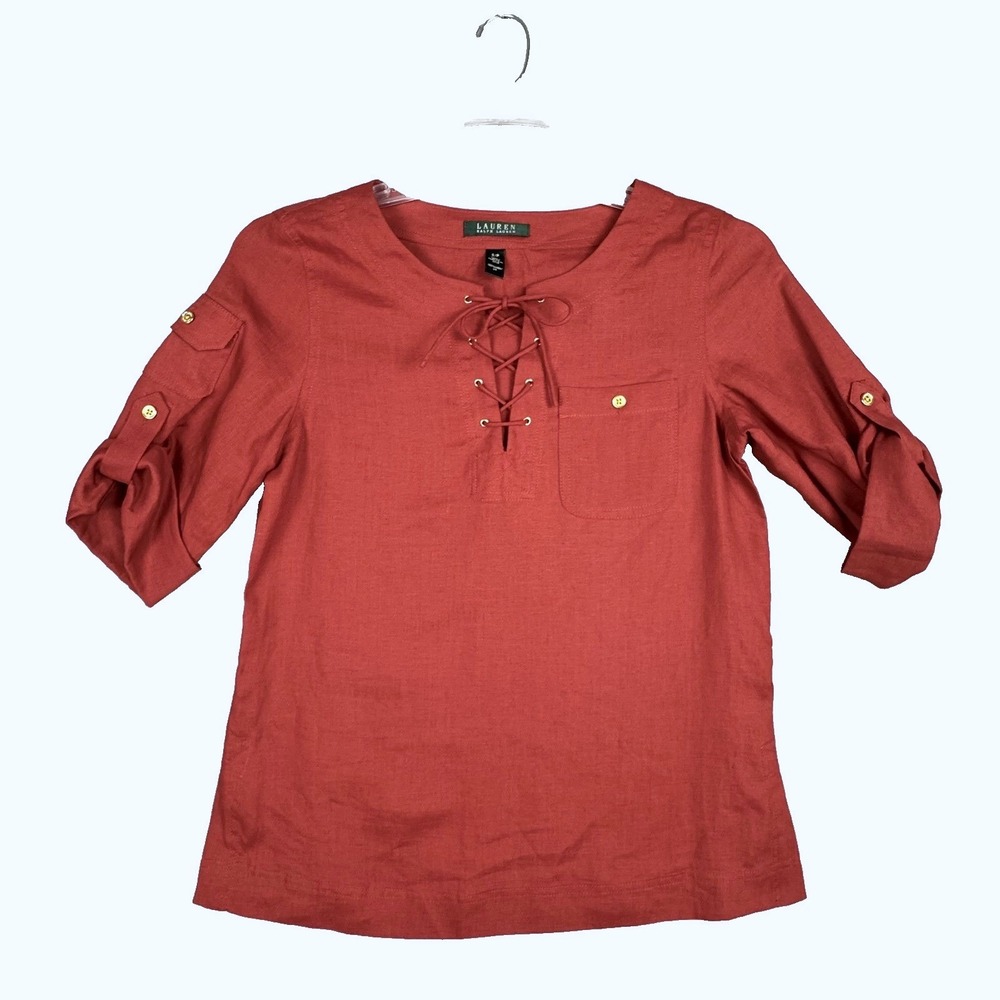 Lauren Ralph Lauren 100 Linen Top Womens S Red Lace Up Tie Roll Tab 3/4 Sleeve